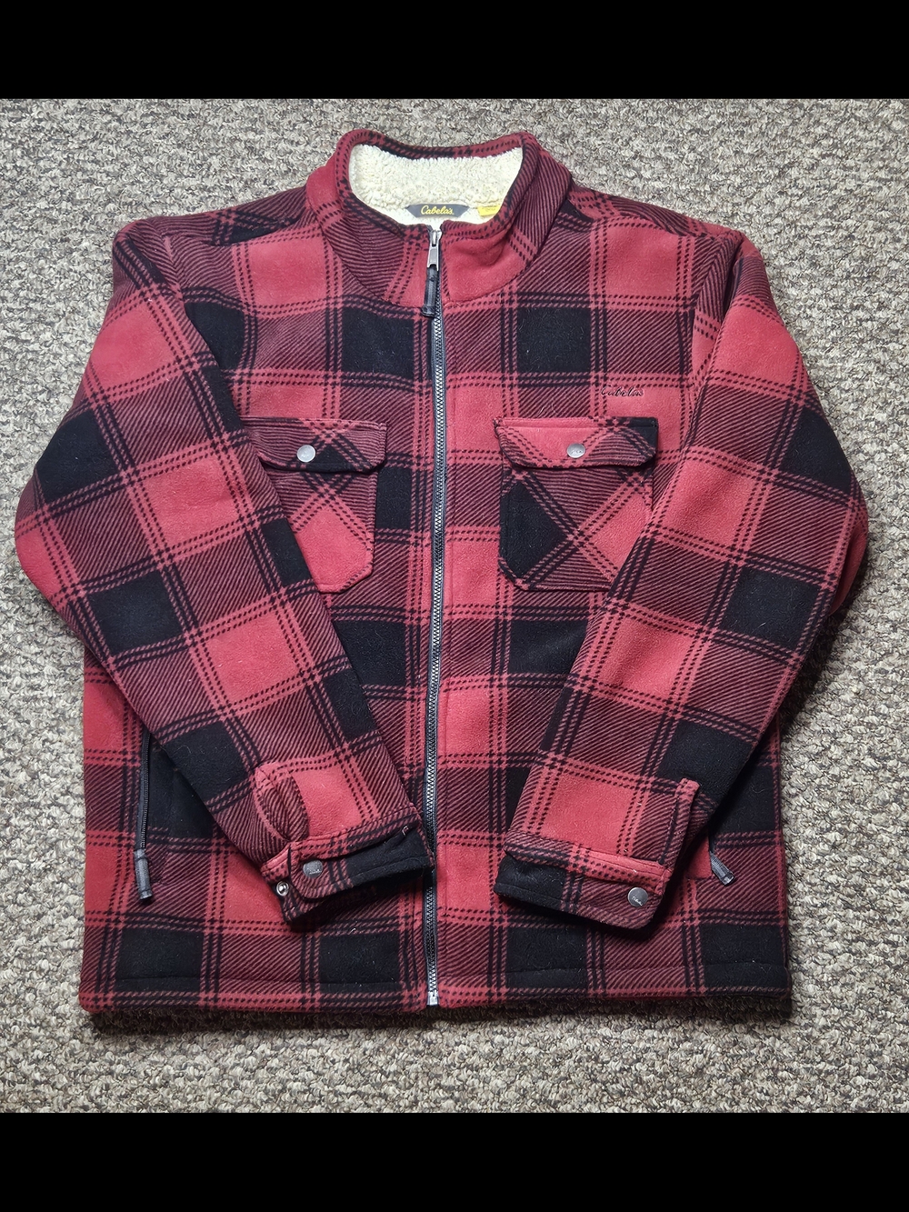 Cabela's Men's XL Red & Black Plaid Zip-Up Sherpa-Lined Jacket
